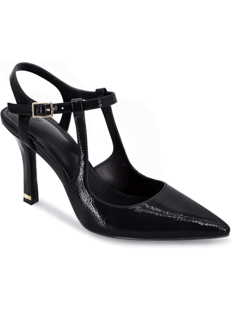 Women's Black High Heels Pointed Toe Ankle Strap Pumps Patent Leather Stilettos